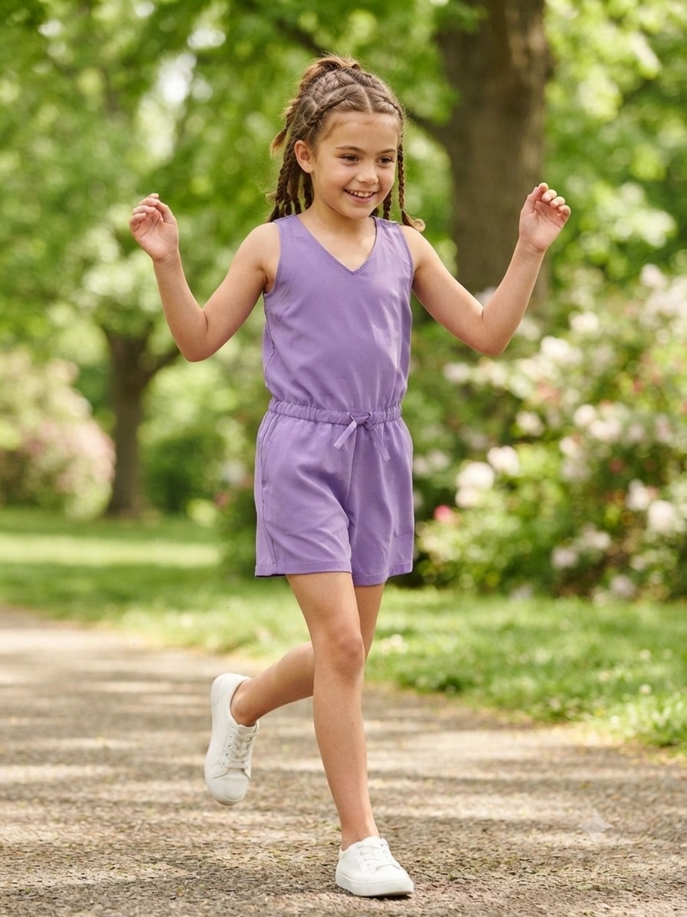 Girls' Purple V-Neck Drawstring Shorts - Kids Bottoms